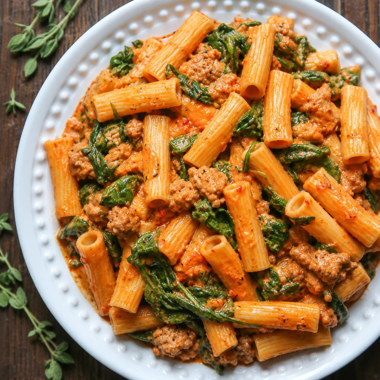 Creamy Sausage Rigatoni with glossy tomato sauce, wilted spinach, and crumbled sausage on a plate
