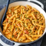 Creamy Southwest Chicken Pasta with orange sauce, penne, cilantro, and chicken in a white pot