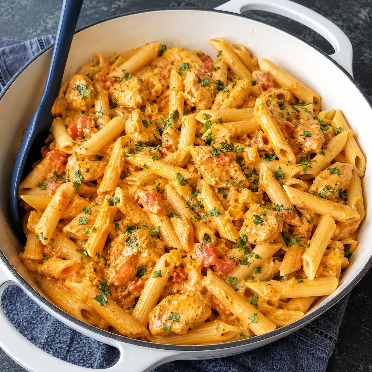 Creamy Southwest Chicken Pasta with orange sauce, penne, cilantro, and chicken in a white pot