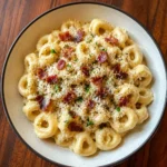 Creamy Tortellini Carbonara Recipe (30-Minute) with creamy pasta, crisp bacon, and parsley in a bowl