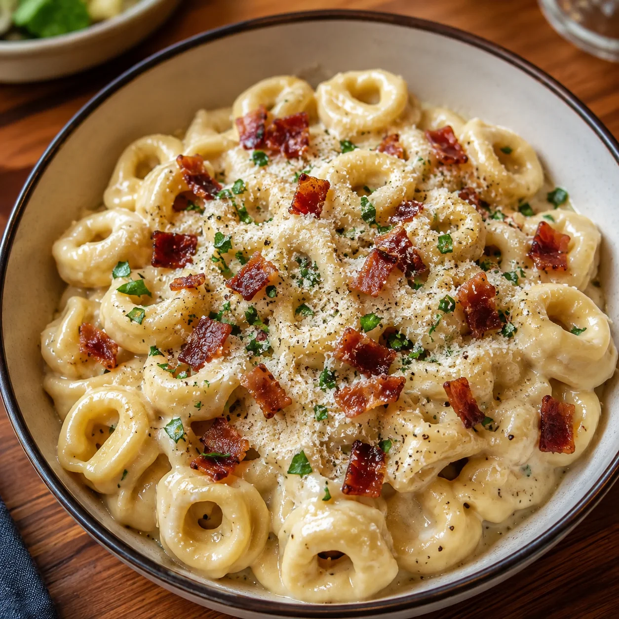 Creamy Tortellini Carbonara Recipe with glossy pasta, crisp bacon, herbs, and Parmesan