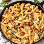 Creamy Tuscan Chicken Pasta with glossy sauce, sun dried tomatoes, and spinach in a skillet