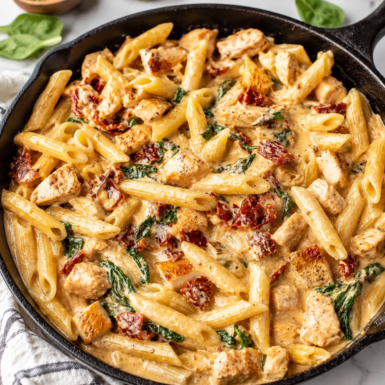 Creamy Tuscan Chicken Pasta with glossy sauce, sun dried tomatoes, and spinach in a skillet