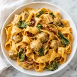 Creamy Tuscan Chicken Pasta with golden sauce, spinach, and chicken on a white plate