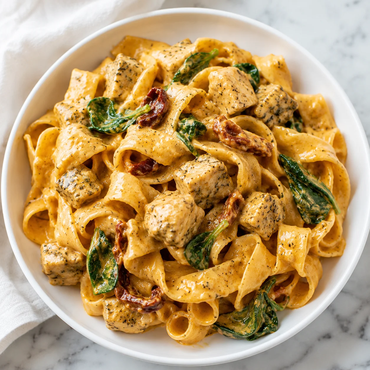 Creamy Tuscan Chicken Pasta with golden sauce, spinach, and chicken on a white plate
