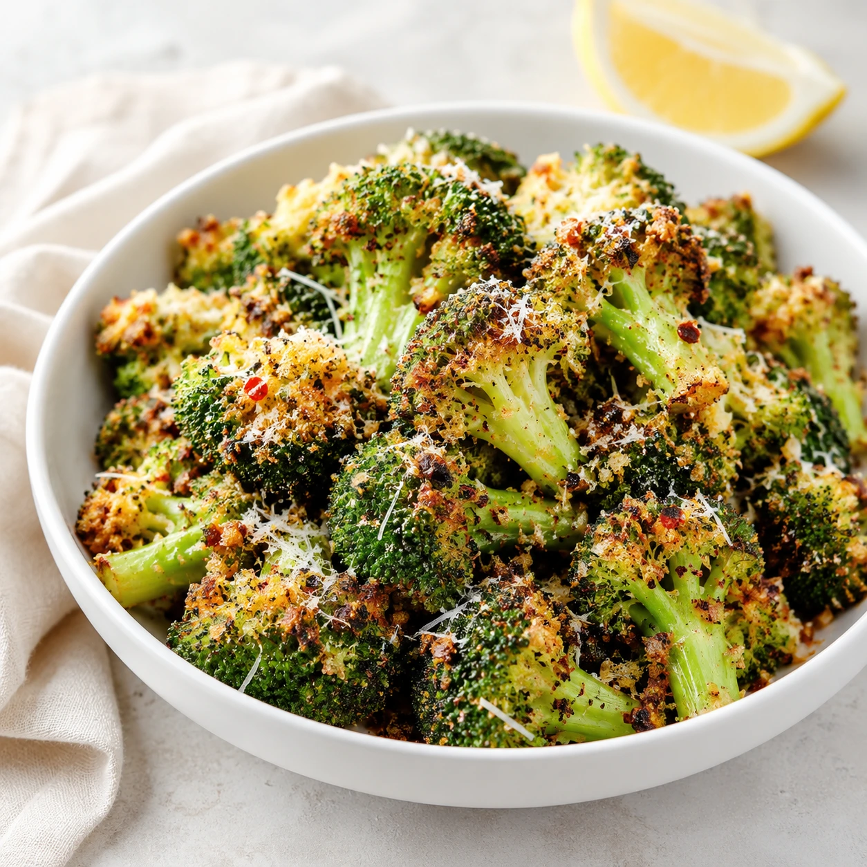 Crispy Parmesan Crusted Broccoli Florets in a white bowl with golden cheese and lemon
