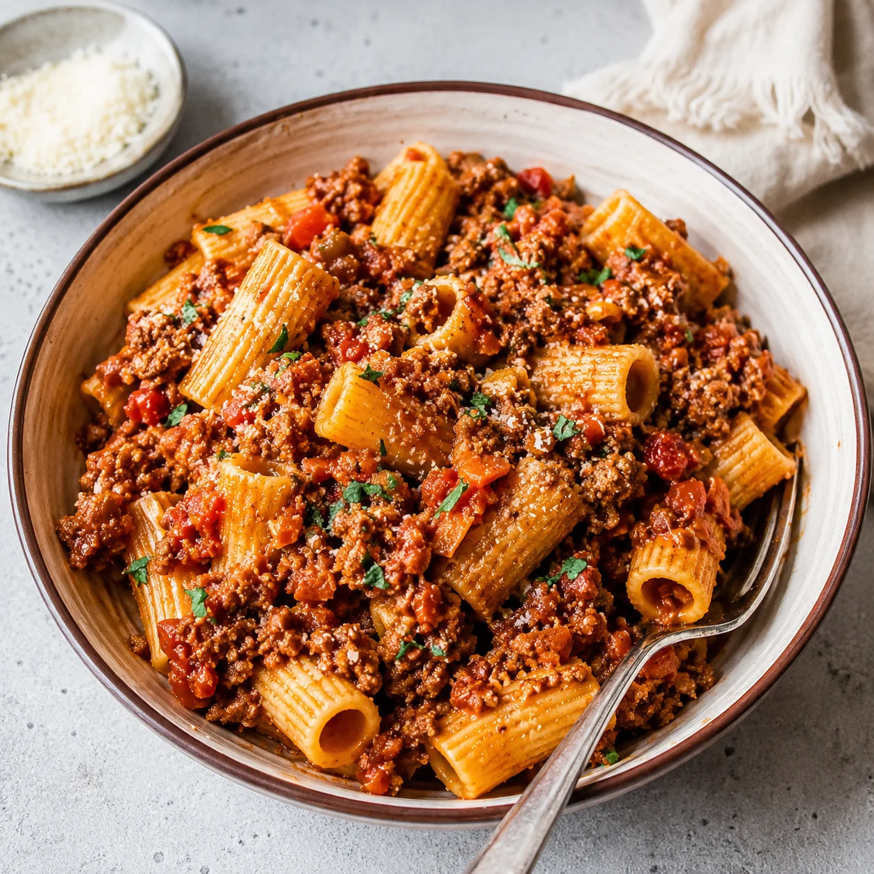 Easy Rigatoni Bolognese with ridged pasta, meaty red sauce, Parmesan, and parsley in a bowl