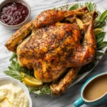 Easy Roast Turkey with golden herb skin on a platter with gravy and mashed potatoes nearby