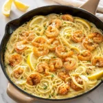 Creamy Lemon Shrimp Pasta with golden shrimp and parsley in a skillet ready to serve