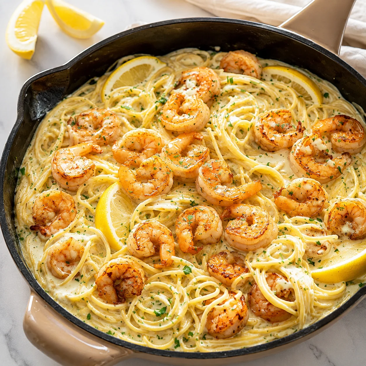 Creamy Lemon Shrimp Pasta with golden shrimp and parsley in a skillet ready to serve