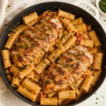 Creamy Marry Me Chicken Pasta with golden sliced chicken over rigatoni in a creamy skillet sauce