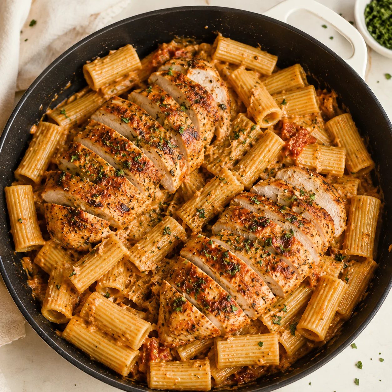 Creamy Marry Me Chicken Pasta with golden sliced chicken over rigatoni in a creamy skillet sauce