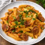 One Pot Creamy Cajun Sausage Pasta (30-Minutes) with penne and browned sausage in sauce