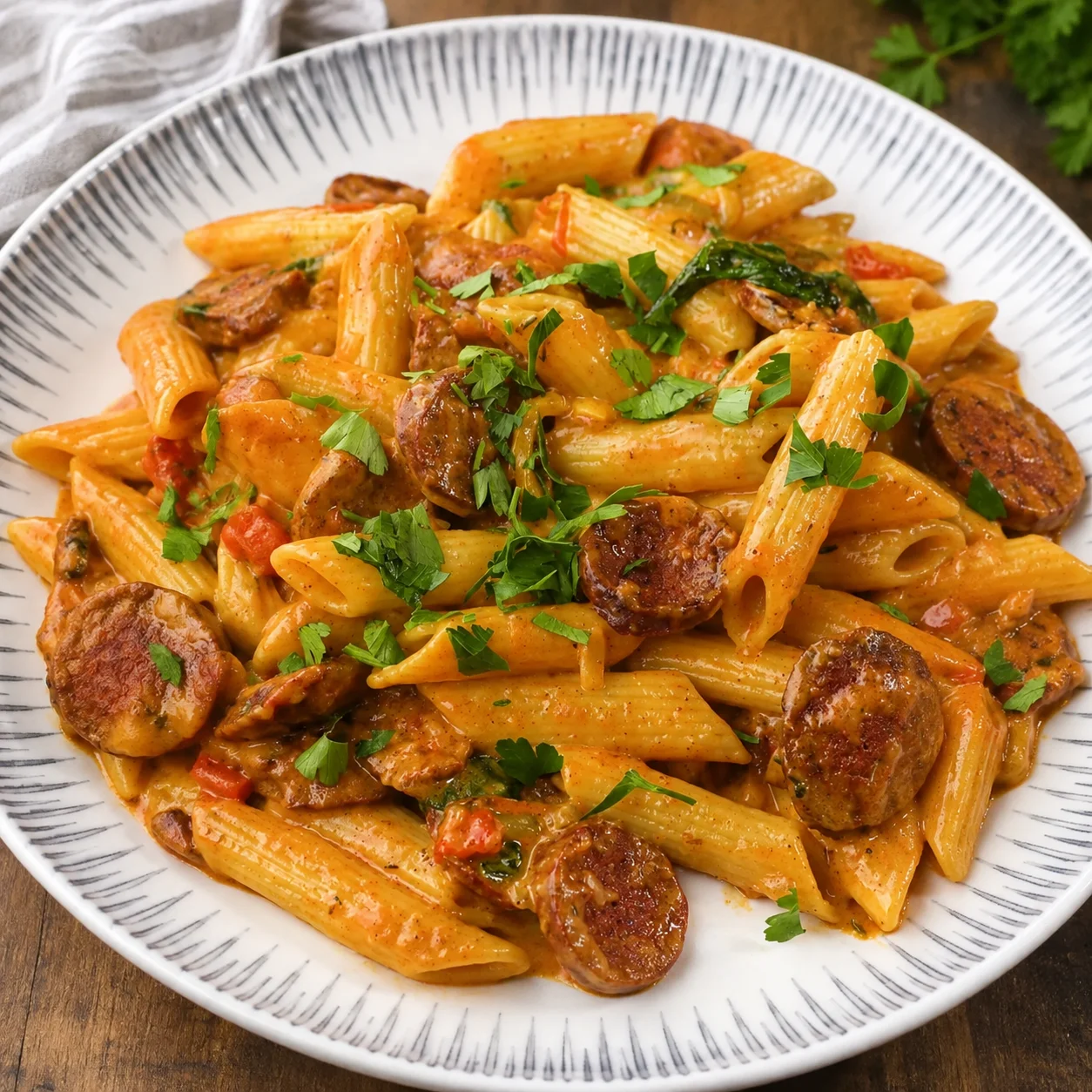 One Pot Creamy Cajun Sausage Pasta (30-Minutes) with penne and browned sausage in sauce