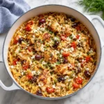 One Pot Greek Chicken Orzo with creamy orzo, golden chicken, feta, olives, and tomatoes in a skillet