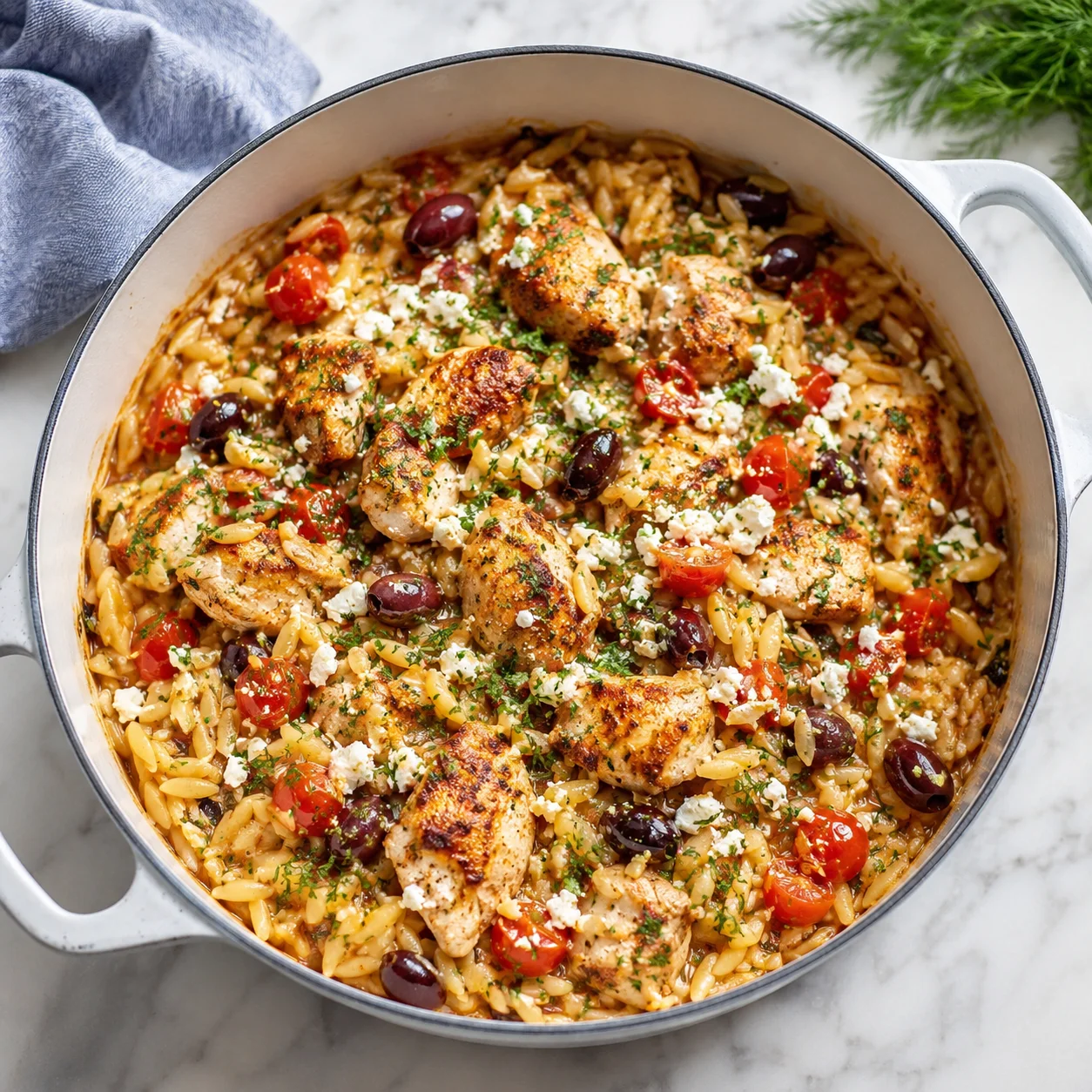 One Pot Greek Chicken Orzo with creamy orzo, golden chicken, feta, olives, and tomatoes in a skillet