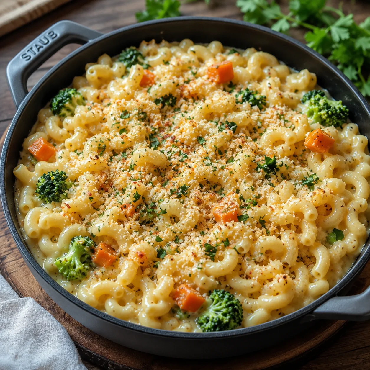 One Pot Veggie Mac and Cheese with golden crumbs, broccoli, and creamy elbows in a black skillet