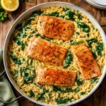 One Skillet Salmon with Lemon Orzo with golden salmon over creamy spinach orzo in a skillet