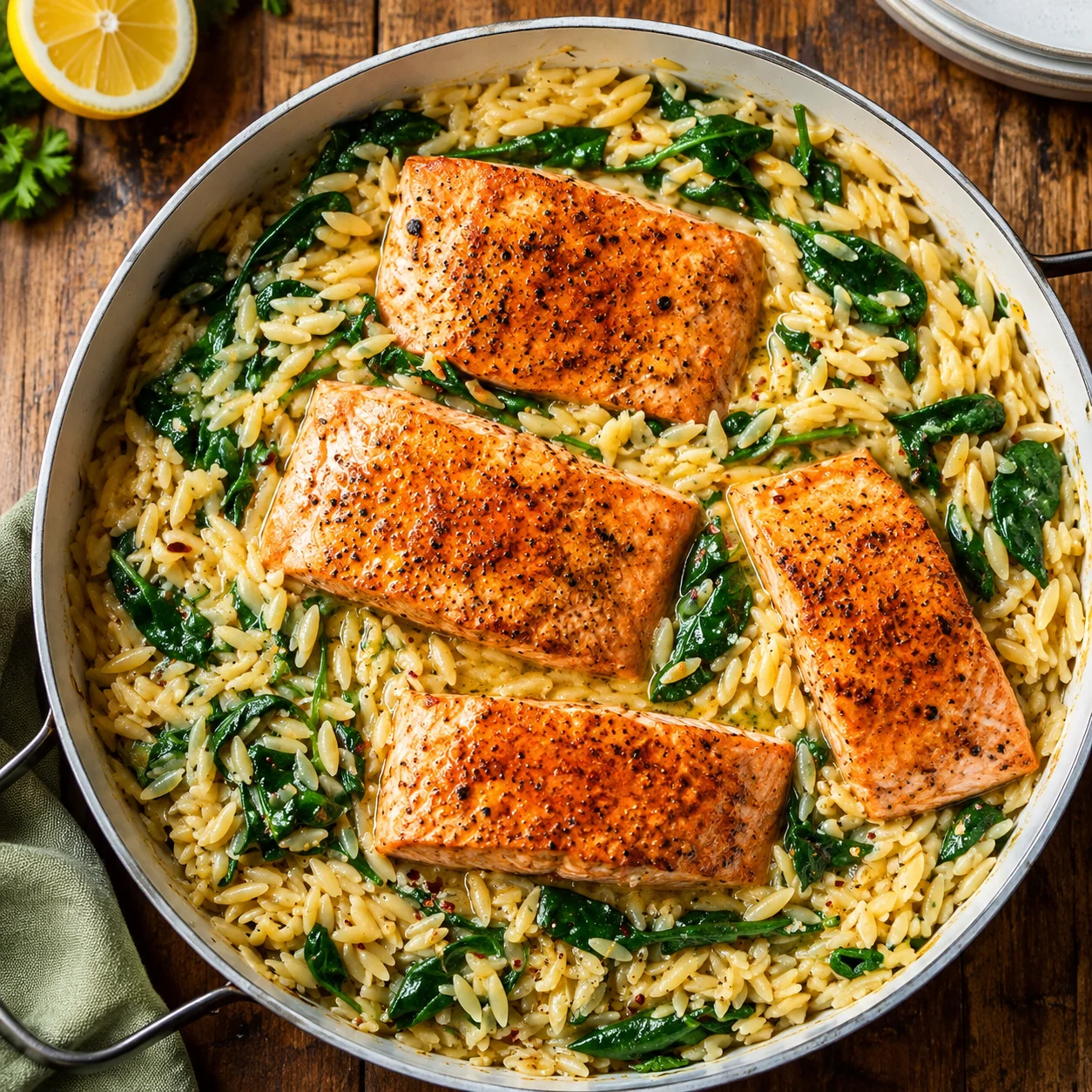 One Skillet Salmon with Lemon Orzo with golden salmon over creamy spinach orzo in a skillet