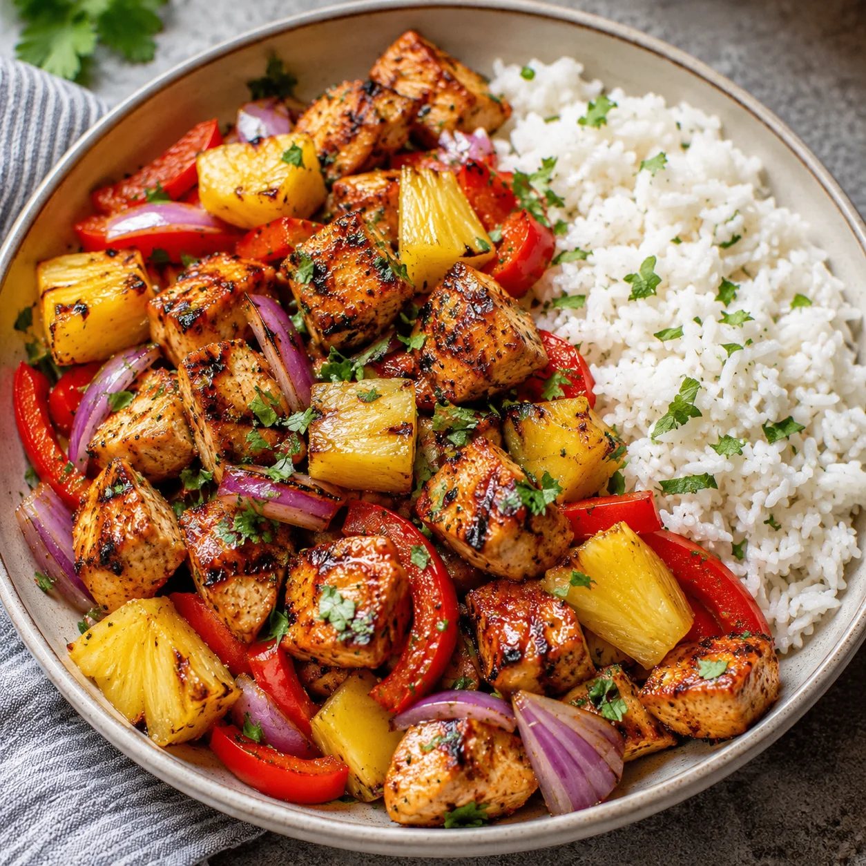 Sheet Pan Hawaiian Chicken Dinner with glossy pineapple chicken, red peppers, and rice in a bowl