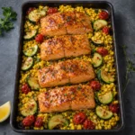 Sheet Pan Honey Garlic Salmon with Zucchini and Corn with glossy salmon, zucchini, corn, tomatoes, and lemon
