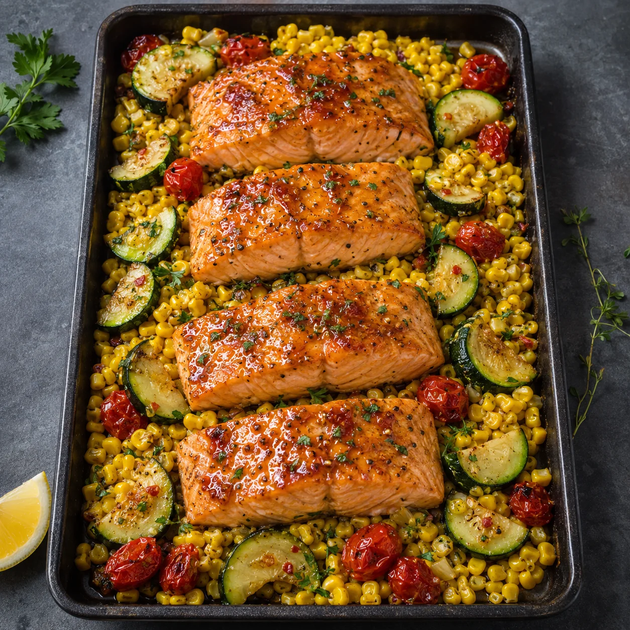 Sheet Pan Honey Garlic Salmon with Zucchini and Corn with glossy salmon, zucchini, corn, tomatoes, and lemon