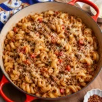 Simple Beef Bolognese Pasta with curly pasta and grated Pecorino in a red Dutch oven