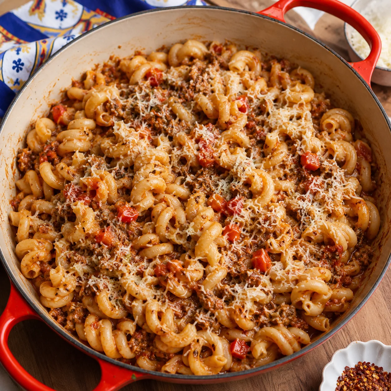Simple Beef Bolognese Pasta with curly pasta and grated Pecorino in a red Dutch oven
