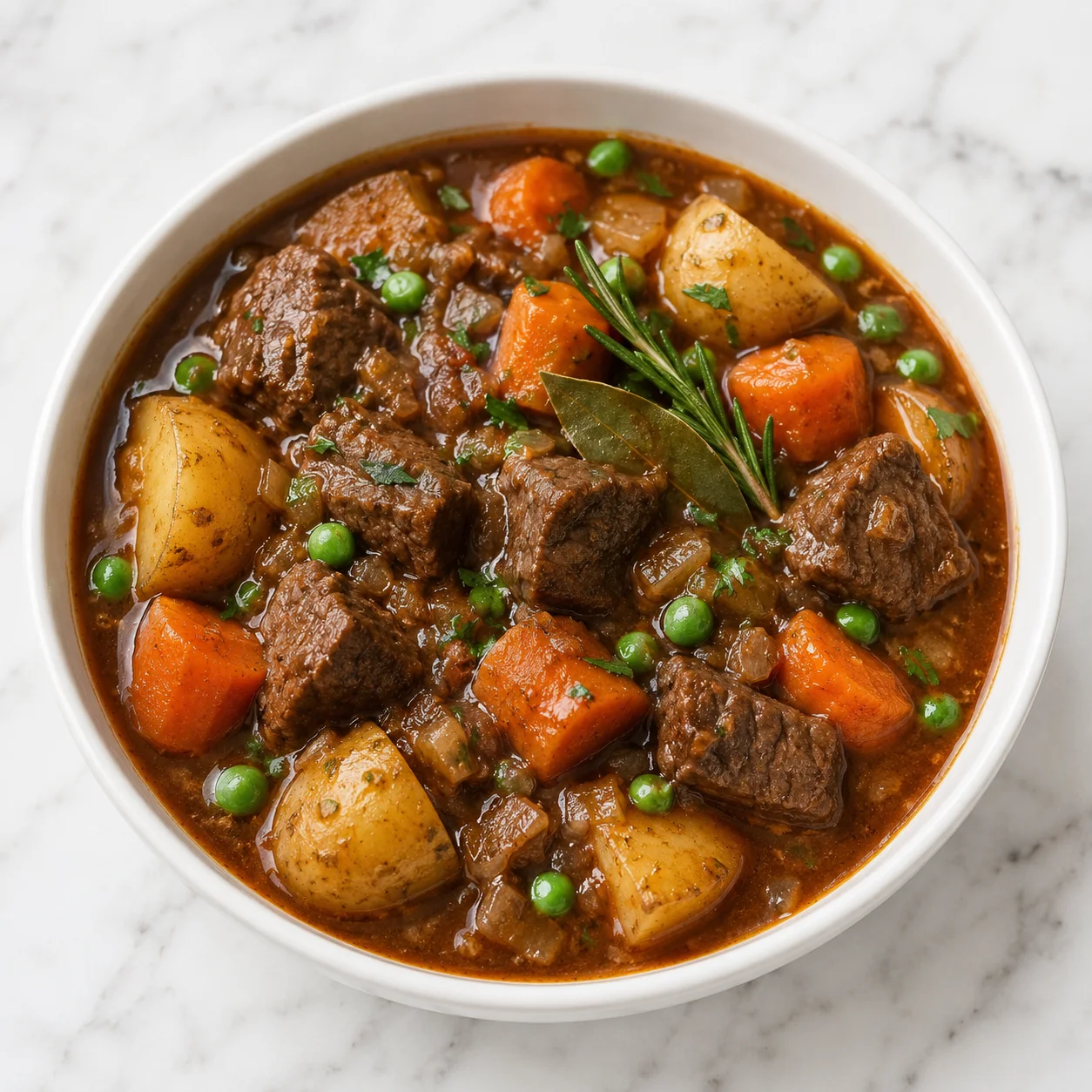 White ceramic bowl of slow cooker beef stew with tender beef, carrots, potatoes, peas, onions, rosemary, and bay leaves in glossy brown gravy on a white marble background.