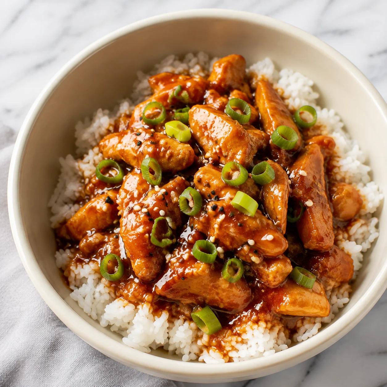 Slow Cooker Honey Garlic Chicken with glossy sauce, scallions, and sesame seeds over rice