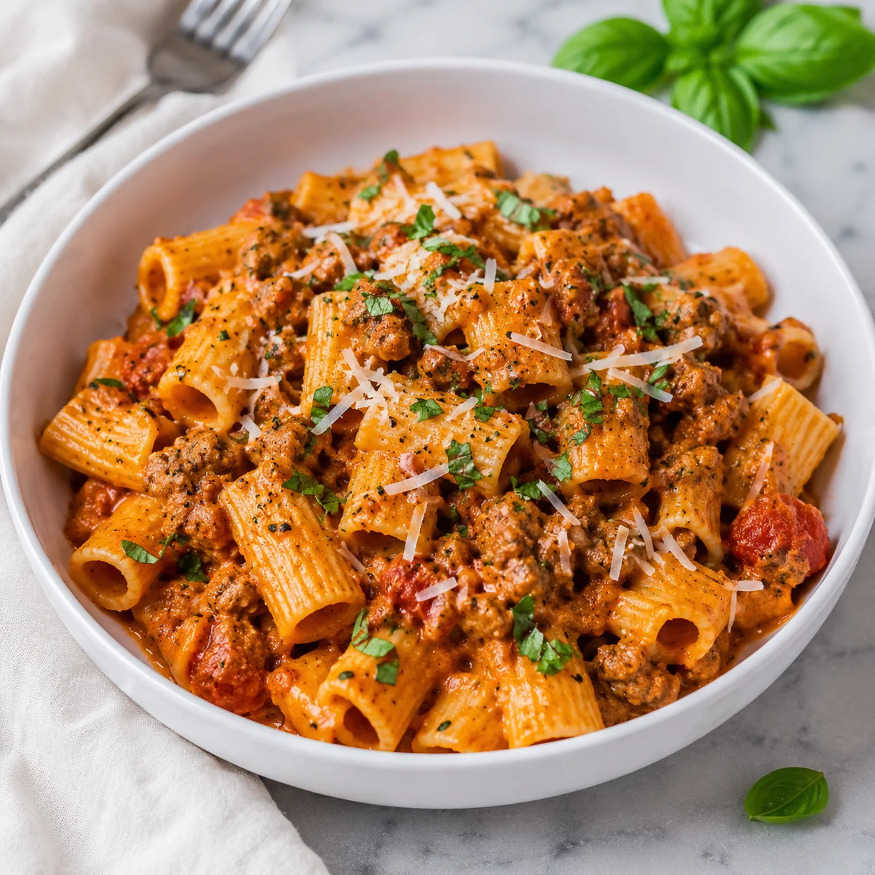 Spicy Italian Sausage Pasta with orange tomato cream sauce and basil in a white bowl