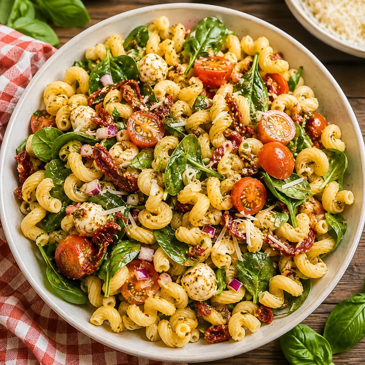 Tangy Sun Dried Tomato Pasta Salad with glossy cavatappi, basil, and cherry tomatoes in a bowl