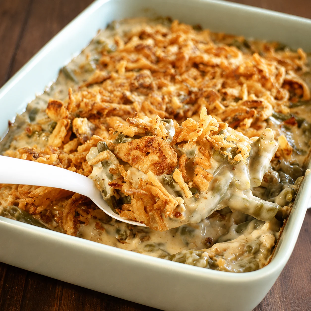 Ultimate Green Bean Casserole with golden fried onions over creamy green beans in a baking dish