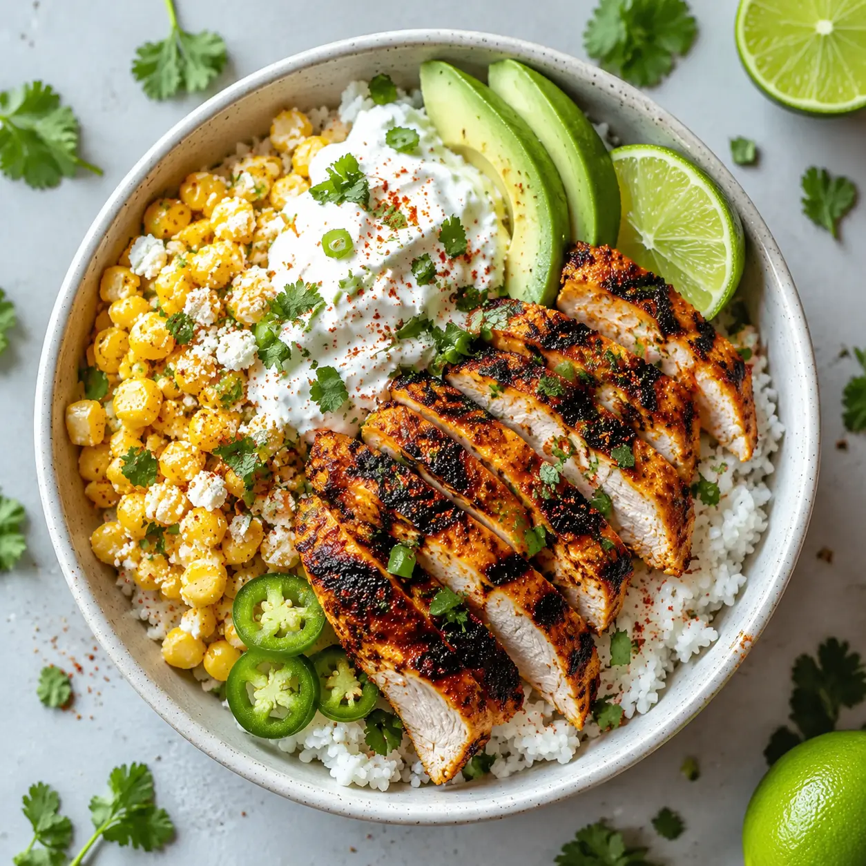 Zesty Street Corn Chicken Rice Bowl with charred chicken, golden corn, lime, and cilantro in a bowl