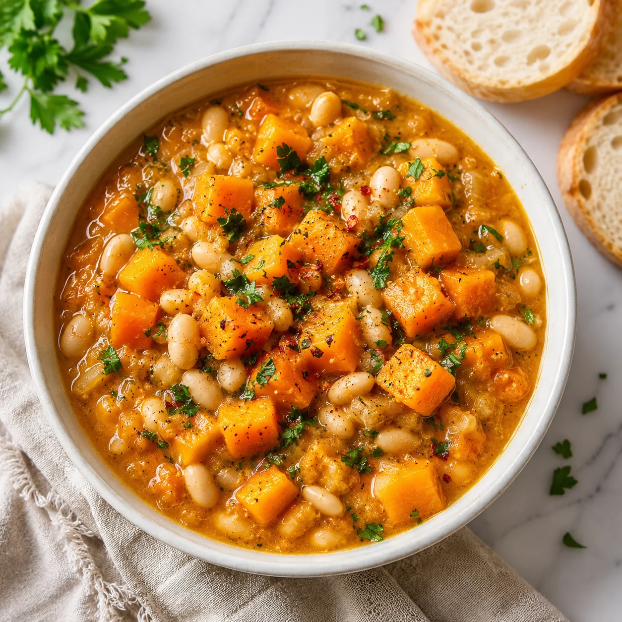 White ceramic bowl of hearty butternut squash and white bean stew with parsley, black pepper, and red pepper flakes on a white marble surface, with bread slices nearby.