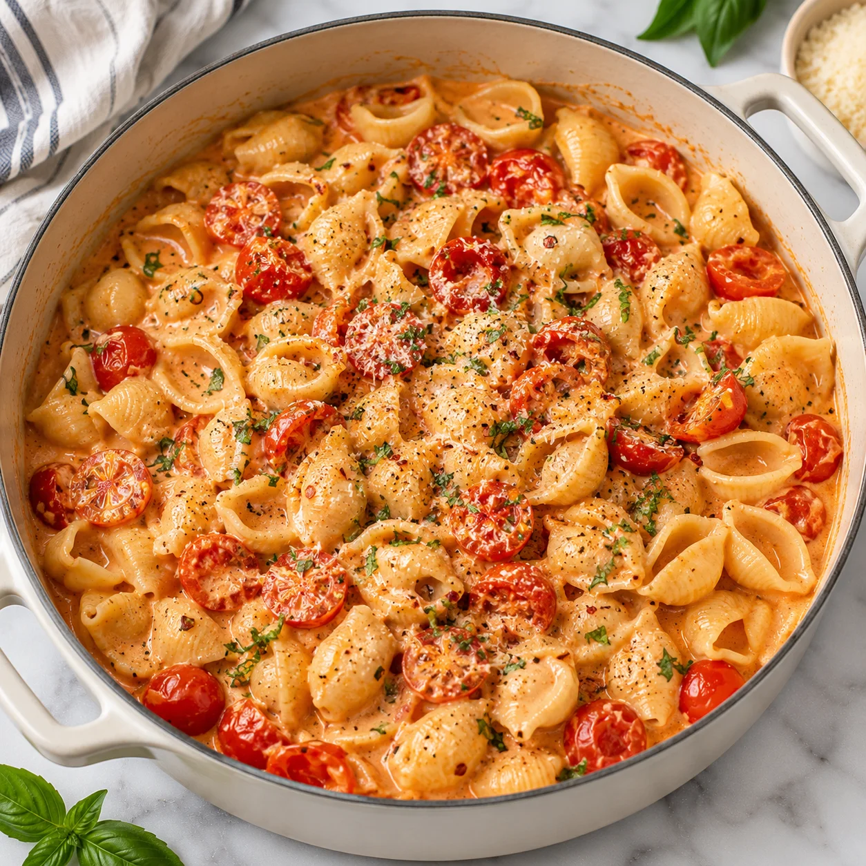 Square main recipe photograph of creamy cherry tomato shell pasta in a modern white enameled pot on a bright white marble surface, with halved cherry tomatoes, Parmesan, herbs, cracked pepper, and red pepper flakes.