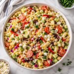 Square main recipe photograph of colorful Mediterranean orzo salad in a modern speckled ceramic bowl on a bright white marble surface, with chickpeas, cucumber, cherry tomatoes, roasted red peppers, artichoke hearts, olives, feta, parsley, and glossy Greek dressing.