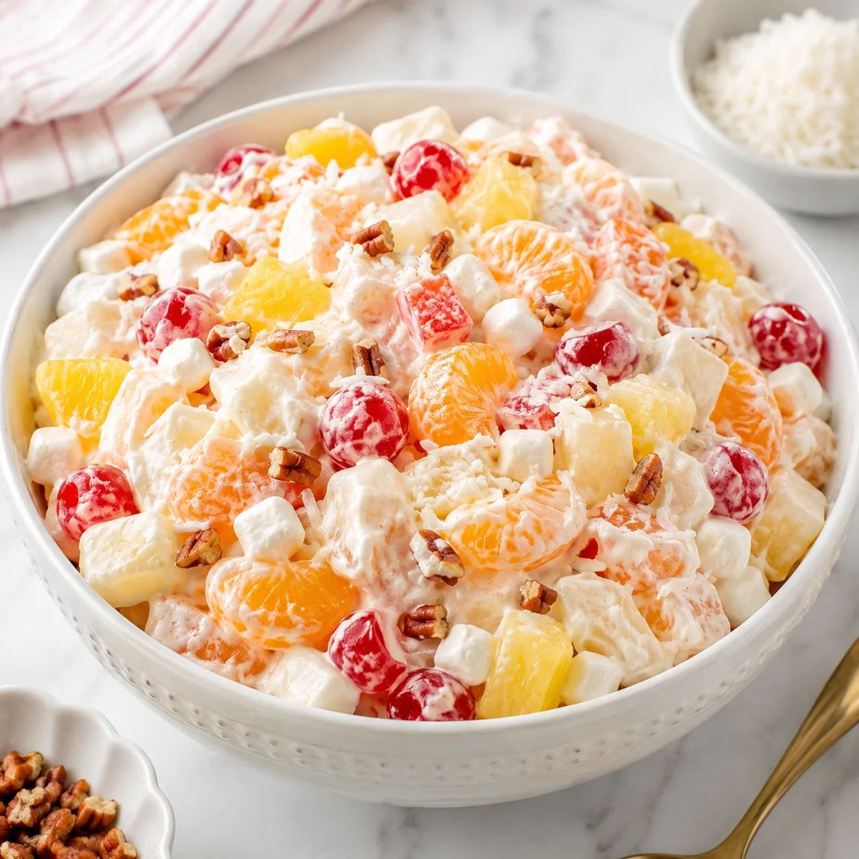 Creamy ambrosia salad in a white ceramic bowl on a bright white marble surface, with mandarin oranges, pineapple chunks, cherries, mini marshmallows, coconut flakes, and pecans visible in the whipped dressing.