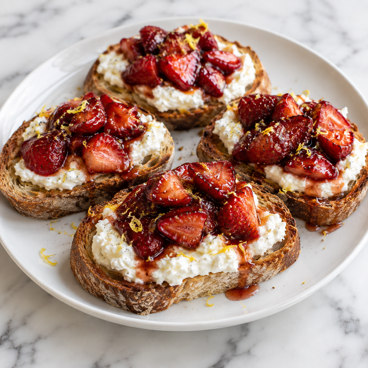 Roasted strawberry whipped ricotta toast served on a round white ceramic plate on a bright white marble surface, with four artisan toast slices topped with creamy ricotta, glossy roasted strawberries, balsamic-honey juices, and lemon zest.