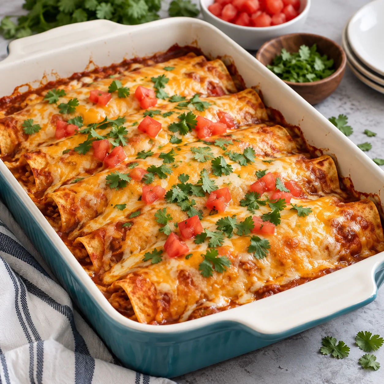 Cheesy baked chicken enchiladas in a modern ceramic baking dish on a white marble setting, topped with melted cheese, red enchilada sauce, diced tomatoes, and cilantro.