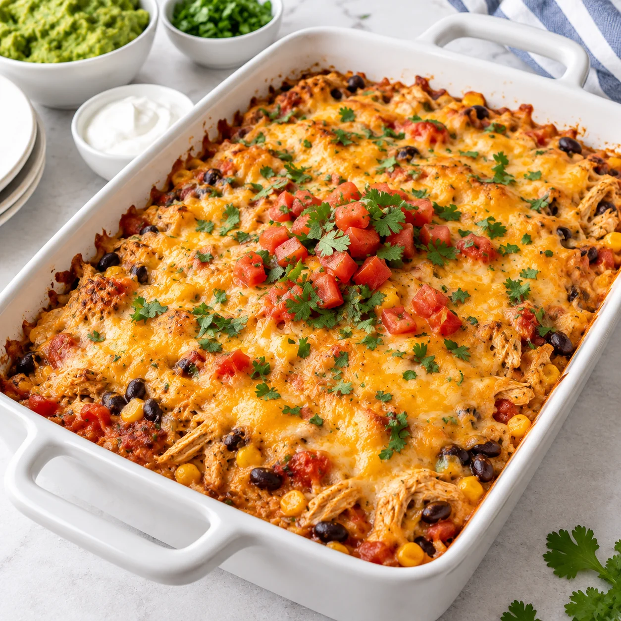Chicken burrito casserole in a modern white rectangular baking dish on a bright white marble setting, topped with melted golden cheese, black beans, corn, shredded chicken, tomatoes, and cilantro.