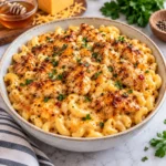 Honey pepper chicken mac and cheese served in a modern ceramic bowl on a bright white marble-style surface, with creamy macaroni, glossy pepper-flecked chicken, herbs, and a rich homemade texture.