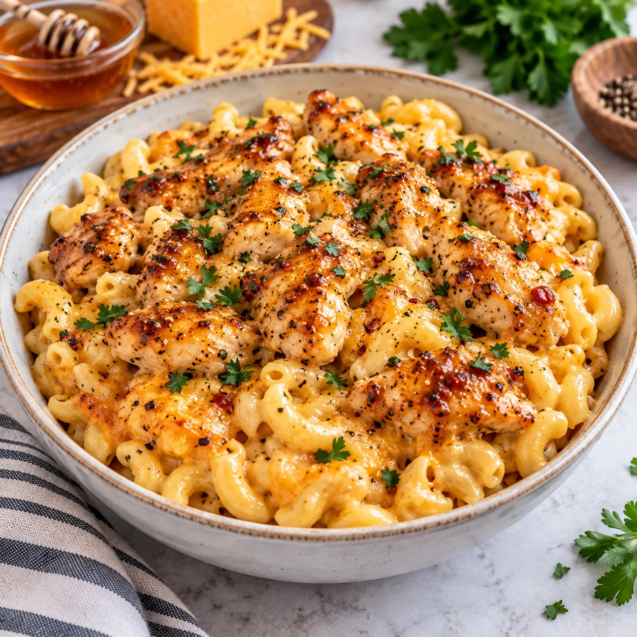 Honey pepper chicken mac and cheese served in a modern ceramic bowl on a bright white marble-style surface, with creamy macaroni, glossy pepper-flecked chicken, herbs, and a rich homemade texture.
