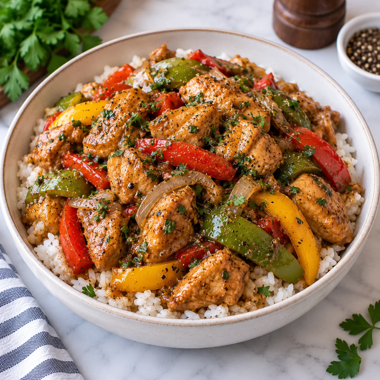 Copycat pepper chicken served over white rice in a modern cream ceramic bowl on a bright white marble surface, with glossy chicken pieces, bell peppers, onion, cracked black pepper, and a savory sauce visible.