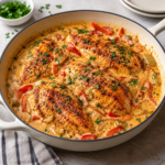 Creamy Cajun chicken breasts in a modern pale skillet, surrounded by orange cream sauce with peppers and herbs on a bright white marble-style setting.