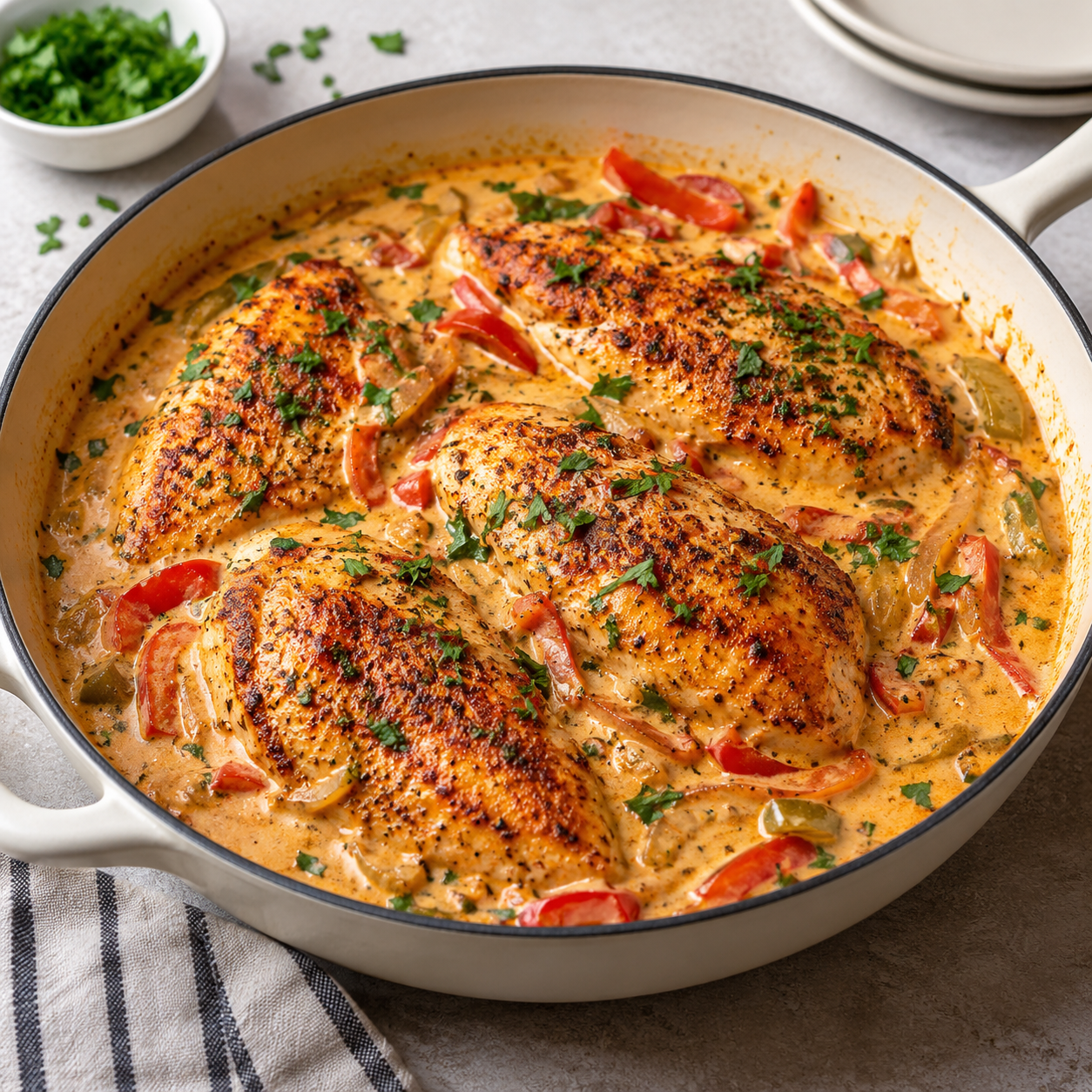 Creamy Cajun chicken breasts in a modern pale skillet, surrounded by orange cream sauce with peppers and herbs on a bright white marble-style setting.