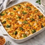 Square main recipe photograph of creamy chicken and broccoli fusilli pasta bake in a modern white ceramic baking dish on a bright white marble surface, topped with melted cheddar and crispy fried onions.