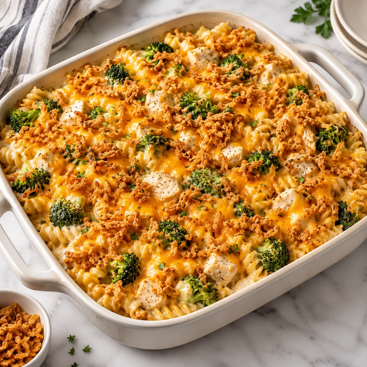 Square main recipe photograph of creamy chicken and broccoli fusilli pasta bake in a modern white ceramic baking dish on a bright white marble surface, topped with melted cheddar and crispy fried onions.