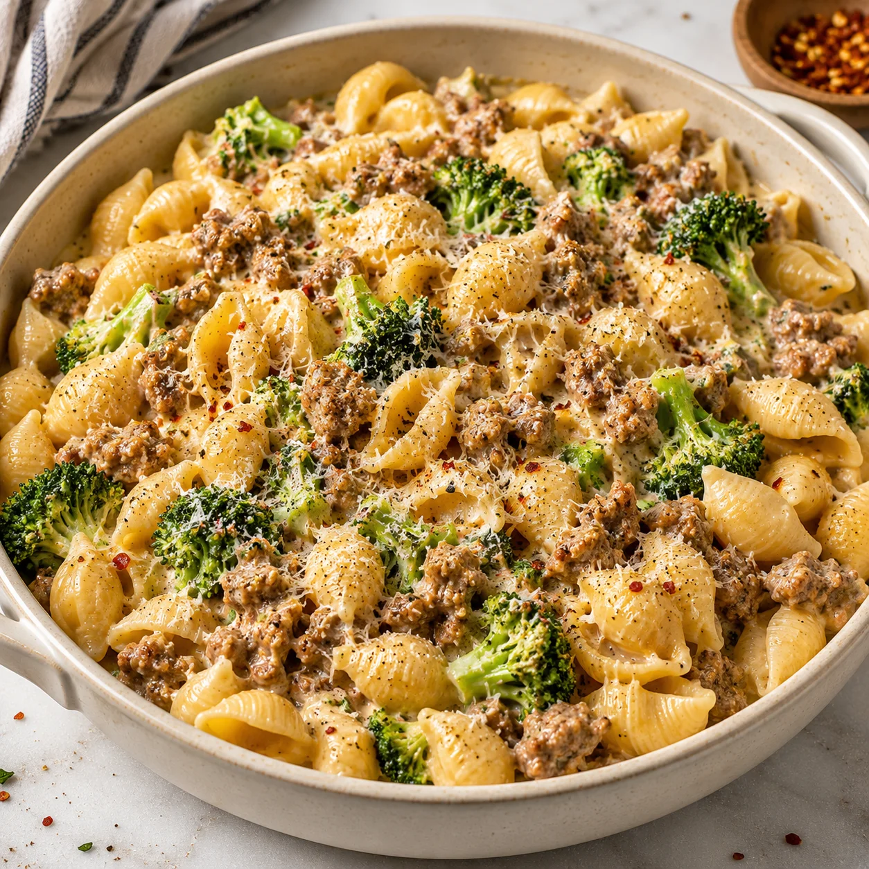 Square main recipe photograph of creamy sausage and broccoli shell pasta in a modern light ceramic pan on a bright white marble surface, topped with Parmesan, red pepper flakes, and cracked black pepper.