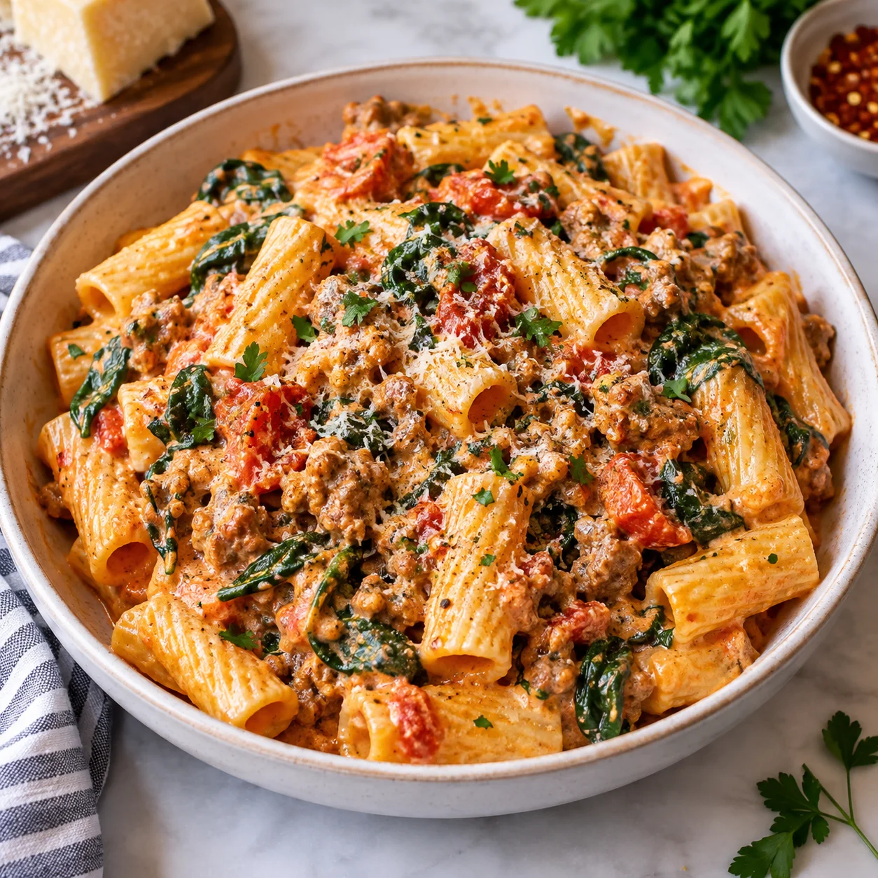 Creamy sausage rigatoni with spinach and tomato cream sauce served in a modern white ceramic bowl on a bright white marble surface, with glossy ridged pasta, browned sausage, wilted spinach, and creamy tomato sauce visible.